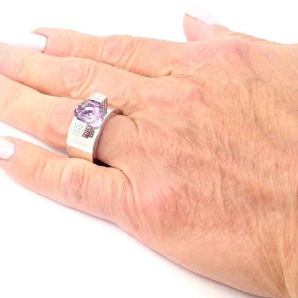 Authentic! Chopard 18k White Gold Diamond Amethyst Wide Band Ring - Picture 9 of 9